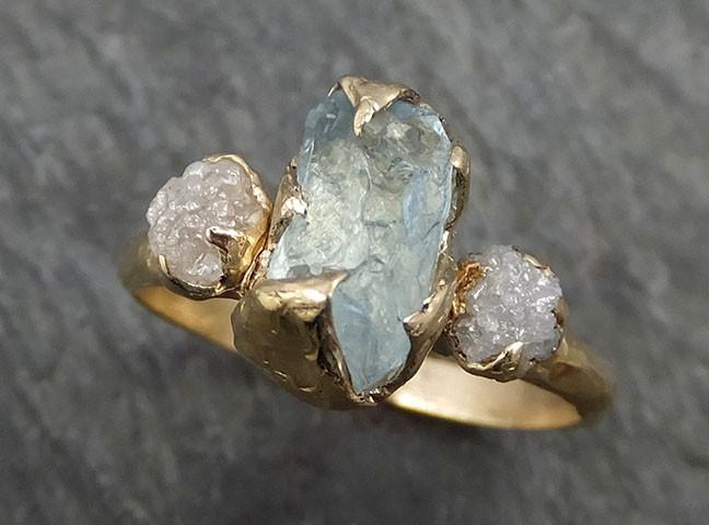 Raw Uncut Aquamarine Diamond yellow Gold Engagement Ring Multi stone Wedding 14k Ring Custom One Of a Kind Gemstone Bespoke Three stone Ring byAngeline 0420 - by Angeline