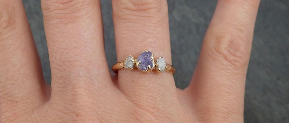Raw Sapphire Diamond yellow Gold Engagement Ring purple lavender Multi stone Wedding Ring Custom One Of a Kind Gemstone Ring Three stone Ring byAngeline 0422 - by Angeline