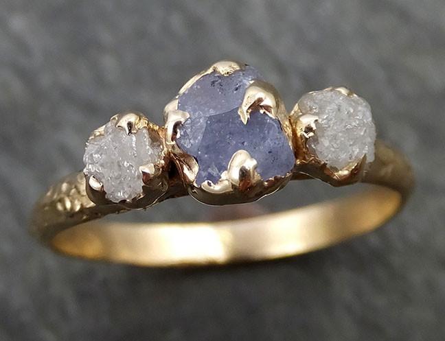 Raw Sapphire Diamond yellow Gold Engagement Ring blue lavender Multi stone Wedding Ring Custom One Of a Kind Gemstone Ring Three stone Ring byAngeline 0423 - by Angeline
