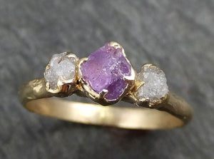 Raw Sapphire Diamond yellow Gold Engagement Ring purple lavender Multi stone Wedding Ring Custom One Of a Kind Gemstone Ring Three stone Ring byAngeline 0435 - by Angeline