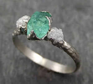 Three raw Stone Diamond Emerald Engagement Ring 14k Multi stone white Gold Wedding Ring Uncut Birthstone Stacking Rough Diamond Ring byAngeline 0437 - by Angeline