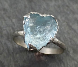 Raw Uncut Aquamarine Heart Ring Solid 14K White Gold Ring wedding engagement Rough Gemstone Ring Statement Ring Stacking Birthstone 0438 - by Angeline