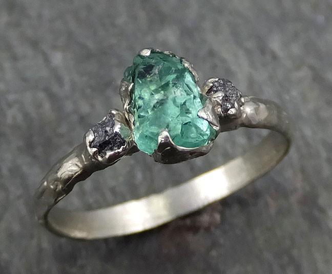 Three raw Stone Black Diamond Emerald Engagement Ring 14k white Gold Multi stone Wedding Ring Uncut Birthstone Stacking Rough Diamond byAngeline 0439 - by Angeline