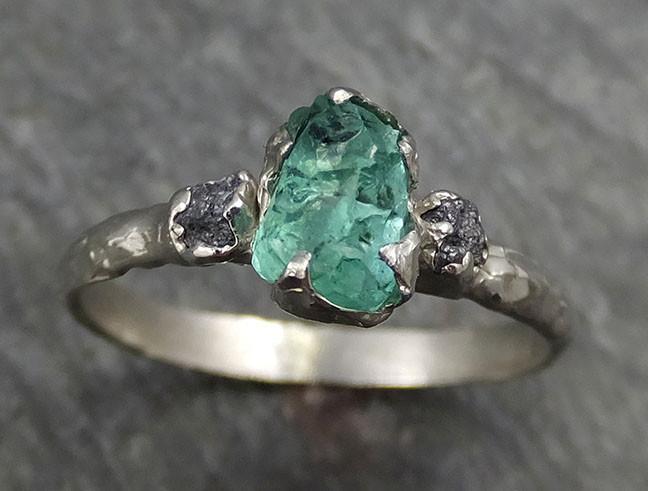 Three raw Stone Black Diamond Emerald Engagement Ring 14k white Gold Multi stone Wedding Ring Uncut Birthstone Stacking Rough Diamond byAngeline 0439 - by Angeline