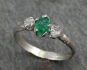 Three raw Stone Diamond Emerald Engagement Ring 14k white Gold multi stone Wedding Ring Uncut Birthstone Stacking Rough Diamond Ring byAngeline 0440 - by Angeline