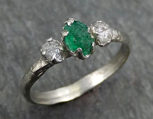 Three raw Stone Diamond Emerald Engagement Ring 14k white Gold multi stone Wedding Ring Uncut Birthstone Stacking Rough Diamond Ring byAngeline 0440 - by Angeline