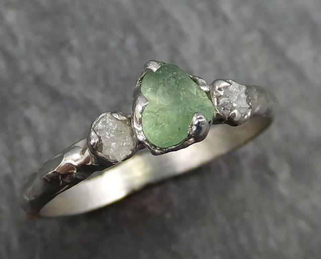Raw Sapphire Diamond White Gold Engagement Ring Multi stone green lime Wedding Ring Custom One Of a Kind Gemstone Ring Three stone Ring byAngeline 0443 - by Angeline