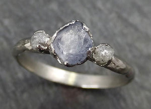 Raw Sapphire Diamond White Gold Engagement Ring Blue Multi stone Wedding Ring Custom One Of a Kind Gemstone Ring Three stone Ring byAngeline 0446 - by Angeline