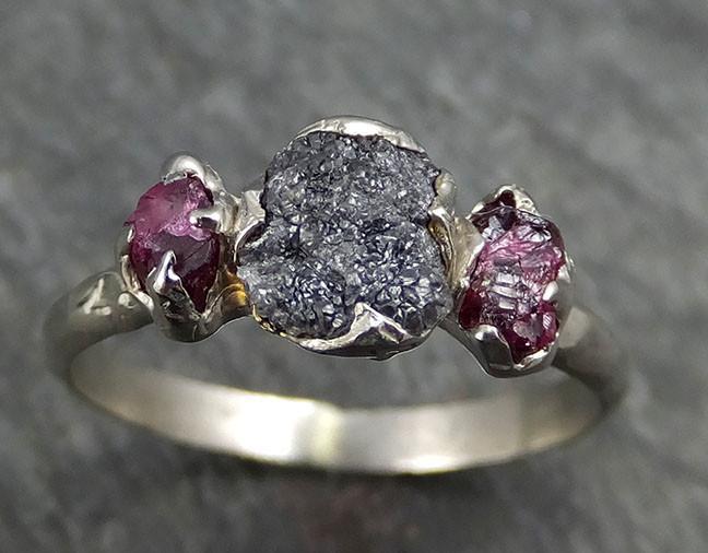 Raw Rough Black Diamond Ruby Multi Stone Ring 14k White Gold red Gemstone Engagement birthstone Ring byAngeline 0447 - by Angeline