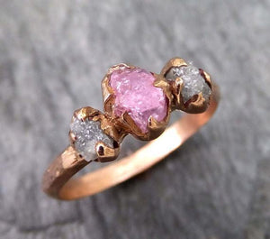 Raw Sapphire Diamond Rose Gold Engagement Ring Multi stone Wedding Ring Custom One Of a Kind Pink Gemstone Ring Three stone Ring byAngeline 0027 - by Angeline