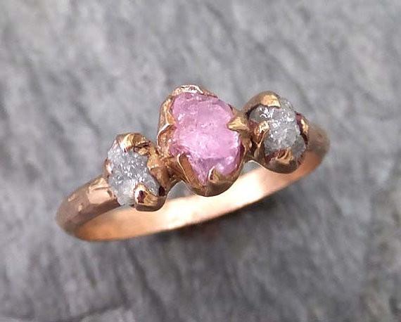Raw Sapphire Diamond Rose Gold Engagement Ring Multi stone Wedding Ring Custom One Of a Kind Pink Gemstone Ring Three stone Ring byAngeline 0027 - by Angeline