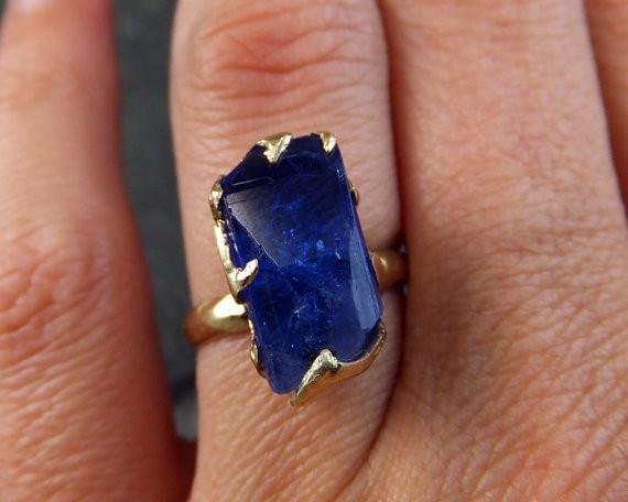 Raw Natural Tanzanite Crystal yellow Gold Ring Rough Uncut Gemstone tanzanite recycled 14k stacking cocktail statement byAngeline 0051 - by Angeline