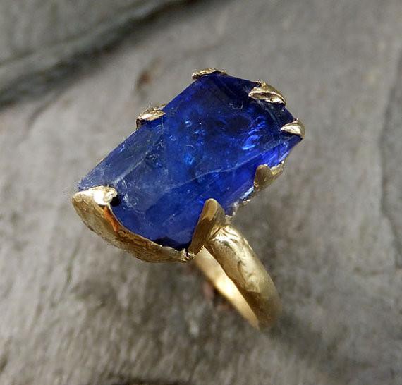 Raw Natural Tanzanite Crystal yellow Gold Ring Rough Uncut Gemstone tanzanite recycled 14k stacking cocktail statement byAngeline 0051 - by Angeline