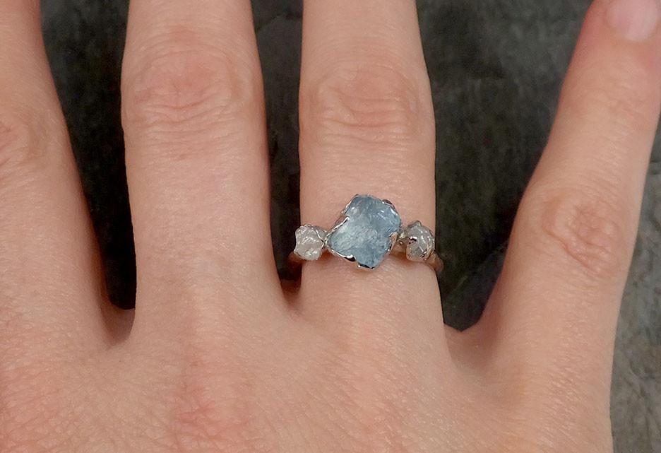 Raw Uncut Aquamarine Diamond Gold Engagement Ring Wedding White Ring Custom One Of a Kind Gemstone Bespoke Three stone Ring C0450 - by Angeline