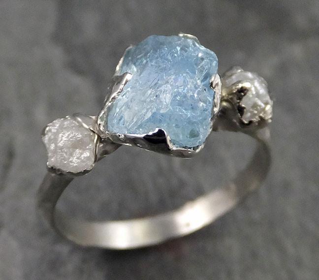 Raw Uncut Aquamarine Diamond Gold Engagement Ring Wedding White Ring Custom One Of a Kind Gemstone Bespoke Three stone Ring C0450 - by Angeline