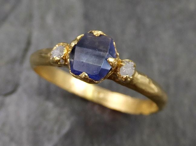 Naturally faceted Sapphire Raw Rough Diamond 18k Yellow Gold Engagement Ring Wedding Ring Custom One Of a Kind Gemstone Three stone Ring byAngeline 0451 - by Angeline