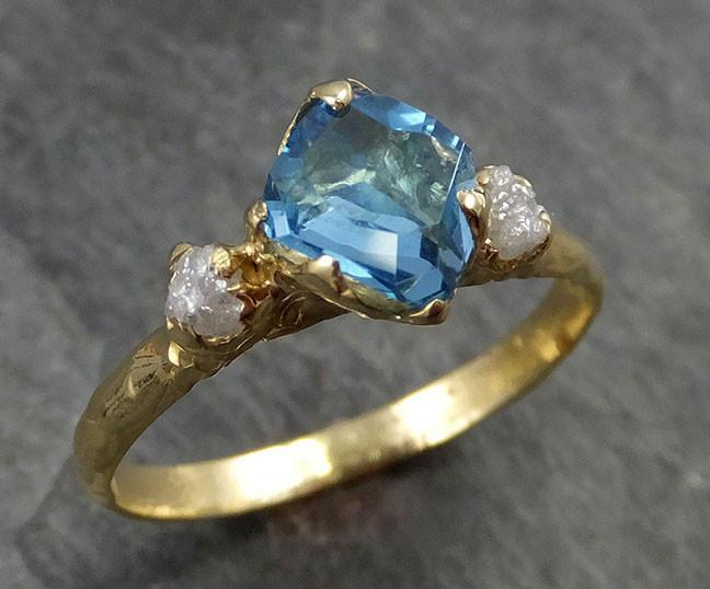 Partially faceted Blue Topaz Diamond 18k Gold Engagement Ring Wedding Ring One Of a Kind Gemstone Ring Three stone Ring 0452 - by Angeline