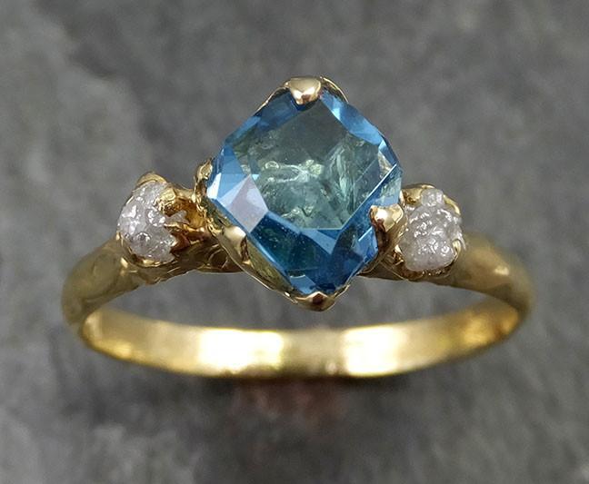 Partially faceted Blue Topaz Diamond 18k Gold Engagement Ring Wedding Ring One Of a Kind Gemstone Ring Three stone Ring 0452 - by Angeline