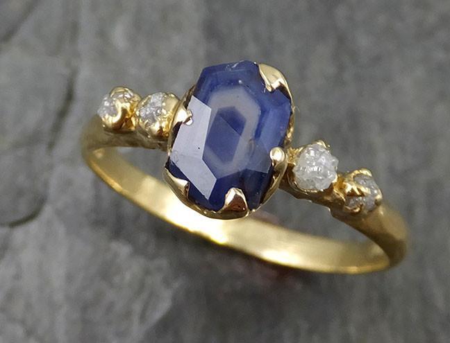 Partially faceted natural crystal sapphire Gemstone and Raw Rough Diamond 18k Yellow Gold Engagement multi stone 0453 - by Angeline