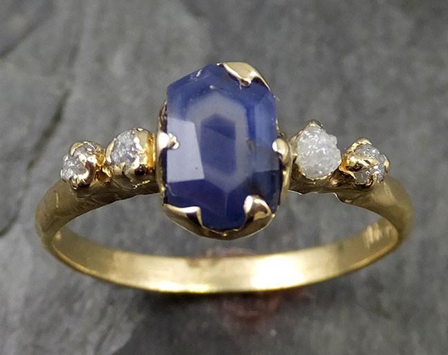 Partially faceted natural crystal sapphire Gemstone and Raw Rough Diamond 18k Yellow Gold Engagement multi stone 0453 - by Angeline