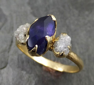 Partially Faceted Sapphire Raw Multi stone Rough Diamond 18k Gold Engagement Ring Wedding Ring One Of a Kind Violet Gemstone Ring Three stone 0454 - by Angeline