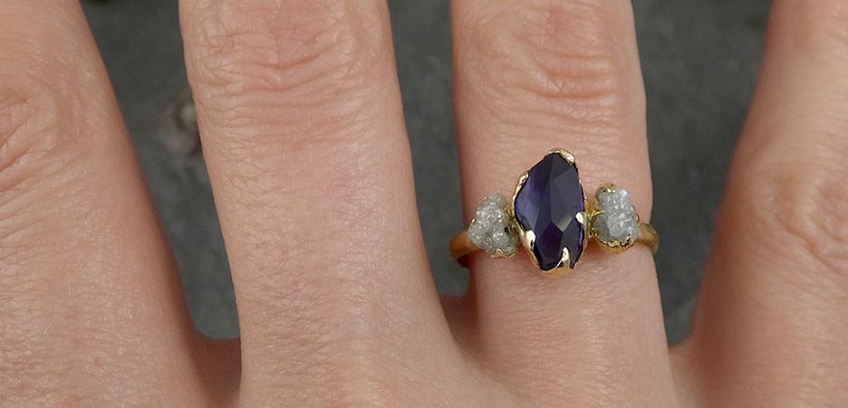 Partially Faceted Sapphire Raw Multi stone Rough Diamond 18k Gold Engagement Ring Wedding Ring One Of a Kind Violet Gemstone Ring Three stone 0454 - by Angeline