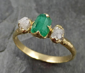Raw Rough Emerald Conflict Free Diamonds 18k yellow Gold Ring One Of a Kind Gemstone Engagement Wedding Ring Recycled gold 0455 - by Angeline