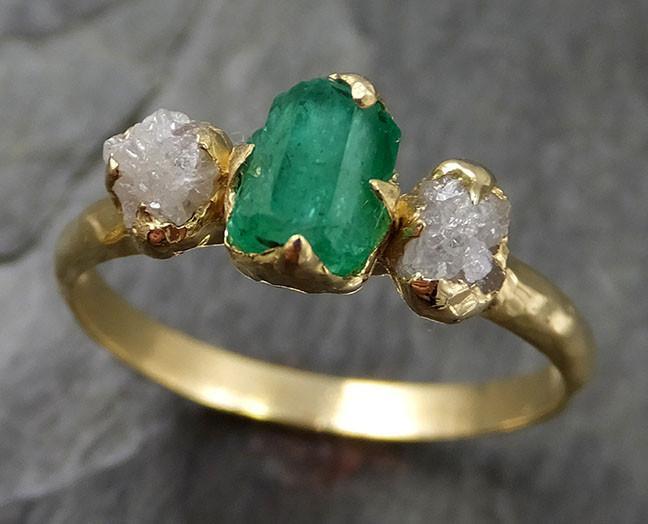 Raw Rough Emerald Conflict Free Diamonds 18k yellow Gold Ring One Of a Kind Gemstone Engagement Wedding Ring Recycled gold 0455 - by Angeline