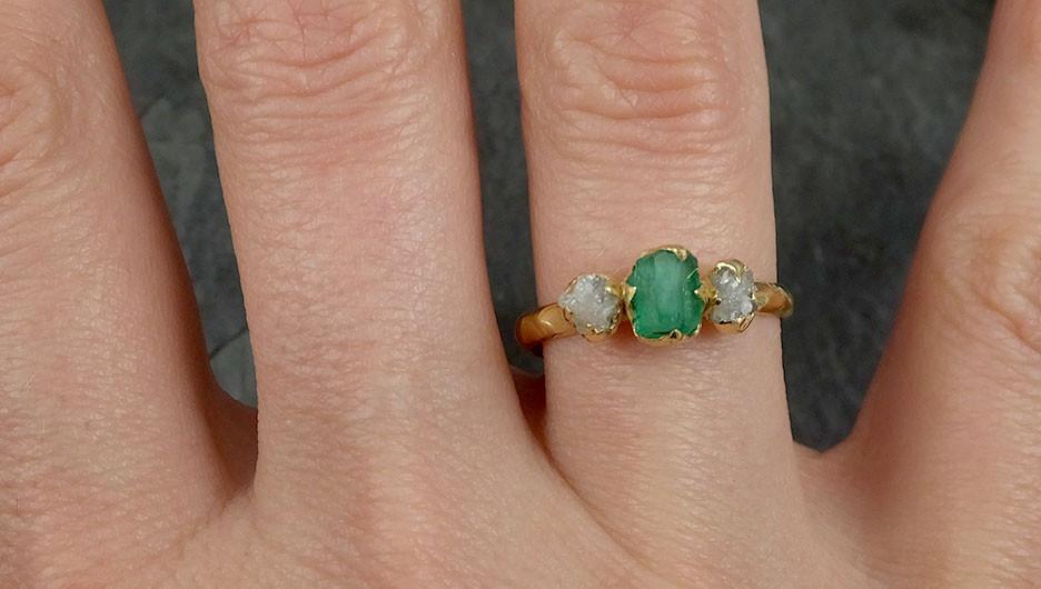 Raw Rough Emerald Conflict Free Diamonds 18k yellow Gold Ring One Of a Kind Gemstone Engagement Wedding Ring Recycled gold 0455 - by Angeline