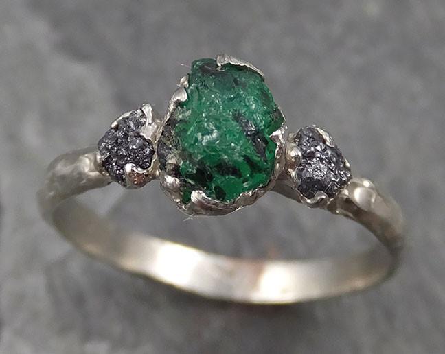 Three raw Stone Diamond Emerald Engagement gemstone Ring 14k white Gold Multi stone Wedding Ring Uncut Birthstone Stacking Rough Diamond Ring byAngeline 0458 - by Angeline