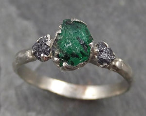 Three raw Stone Diamond Emerald Engagement gemstone Ring 14k white Gold Multi stone Wedding Ring Uncut Birthstone Stacking Rough Diamond Ring byAngeline 0458 - by Angeline