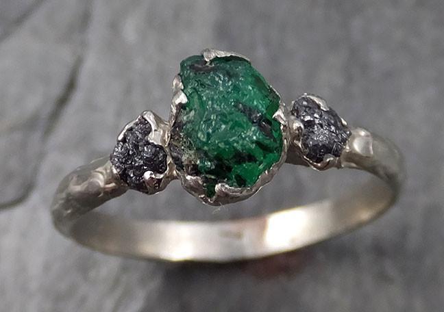 Three raw Stone Diamond Emerald Engagement gemstone Ring 14k white Gold Multi stone Wedding Ring Uncut Birthstone Stacking Rough Diamond Ring byAngeline 0458 - by Angeline