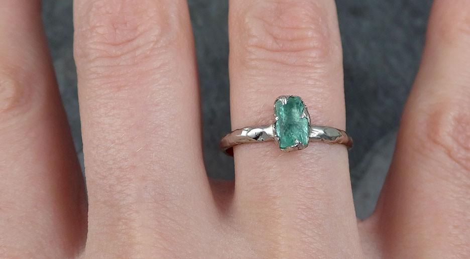 Emerald Gemstone Solitaire Engagement Ring 14k white Gold Wedding Ring Uncut Birthstone Stacking Ring 0464 - by Angeline