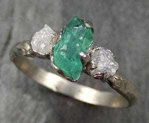 Three raw Stone Diamond Emerald Engagement Ring 14k Multi stone white Gold Wedding Ring Uncut Birthstone Stacking Rough Diamond Ring byAngeline 0465 - by Angeline