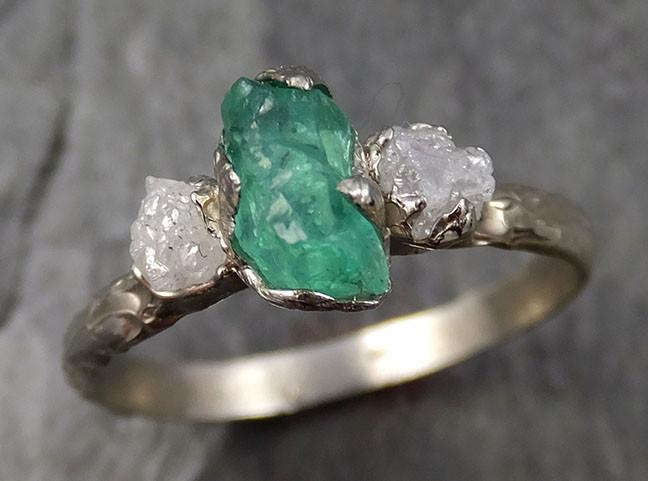 Three raw Stone Diamond Emerald Engagement Ring 14k Multi stone white Gold Wedding Ring Uncut Birthstone Stacking Rough Diamond Ring byAngeline 0465 - by Angeline