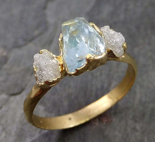 Raw Rough and partially Faceted Aquamarine Diamond 14k yellow Gold Multi stone Ring One Of a Kind Gemstone Ring Recycled gold 0475 - by Angeline