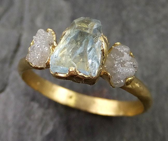 Raw Rough and partially Faceted Aquamarine Diamond 14k yellow Gold Multi stone Ring One Of a Kind Gemstone Ring Recycled gold 0475 - by Angeline