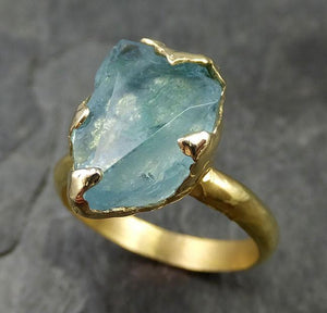 Partially Faceted Raw 18k Aquamarine Solitaire Ring Statement Wedding Ring One Of a Kind Gemstone Ring Bespoke 0478 - by Angeline