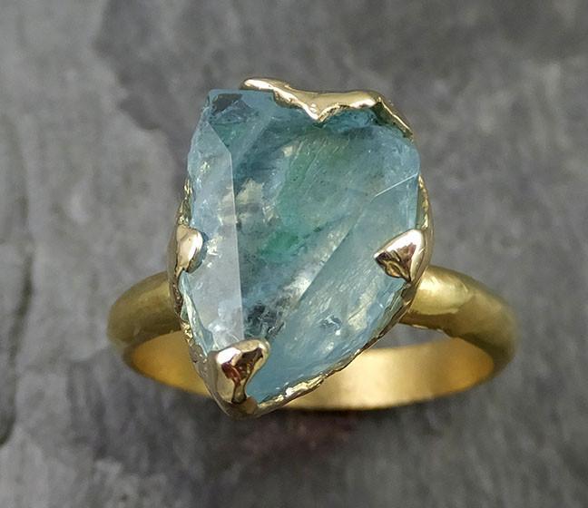 Partially Faceted Raw 18k Aquamarine Solitaire Ring Statement Wedding Ring One Of a Kind Gemstone Ring Bespoke 0478 - by Angeline