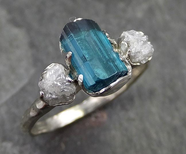 Raw blue green Indicolite Tourmaline Diamond White Gold Engagement Ring Wedding Ring One Of a Kind Gemstone Ring Bespoke Multi stone Ring 0481 - by Angeline