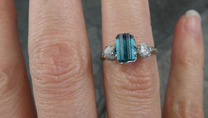 Raw blue green Indicolite Tourmaline Diamond White Gold Engagement Ring Wedding Ring One Of a Kind Gemstone Ring Bespoke Multi stone Ring 0481 - by Angeline
