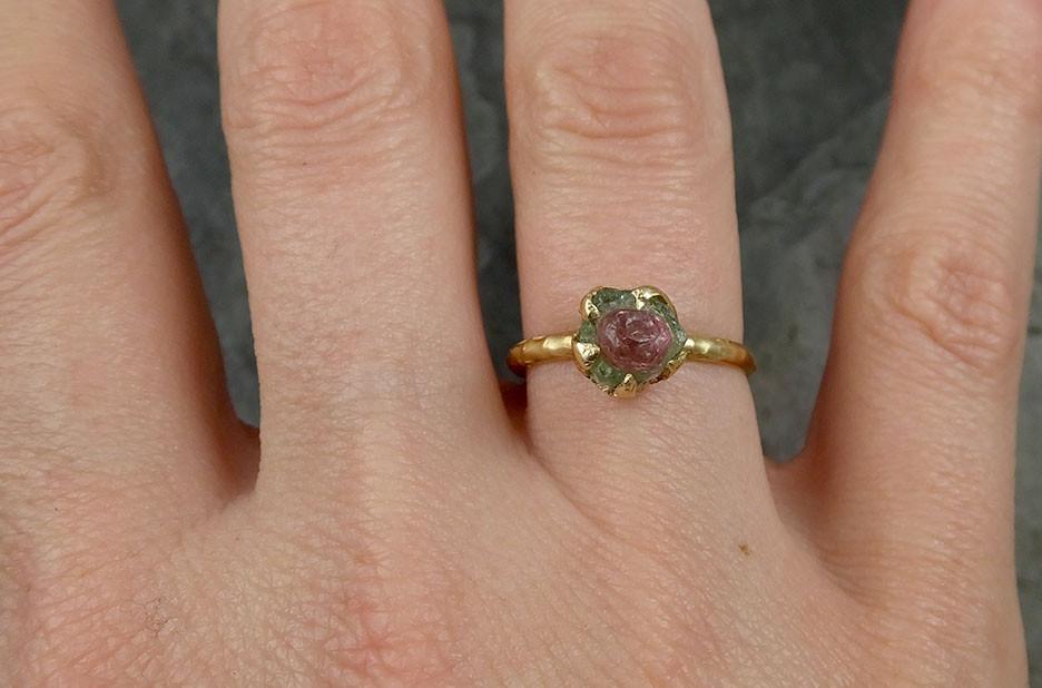Raw Rough Uncut Watermelon Tourmaline yellow Gold Ring Bi Color Ring green Pink Gemstone Crystal 14k recycled 0482 - by Angeline