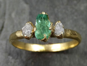 Three raw Stone Diamond Emerald Engagement Ring 14k Multi stone white Gold Wedding Ring Uncut Birthstone Stacking Rough Diamond Ring byAngeline 0485 - by Angeline