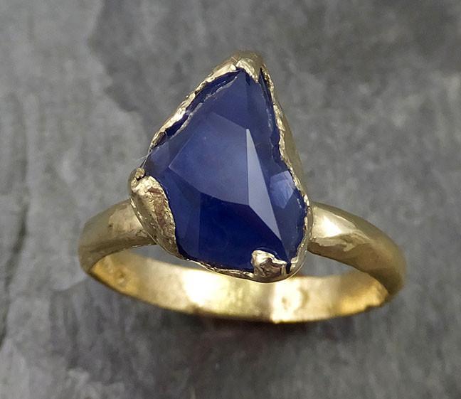 Partially faceted Blue Sapphire Solitaire 18k yellow Gold Engagement Ring Wedding Ring One Of a Kind blue Gemstone 0486 - by Angeline