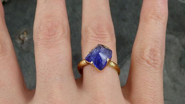 Partially faceted Tanzanite Crystal Solitaire 18k recycled yellow Gold Ring Rough Gemstone tanzanite stacking cocktail statement byAngeline 0487 - by Angeline