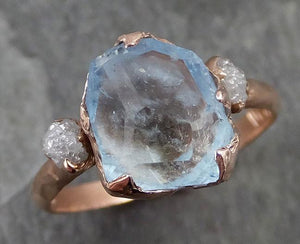 Raw Rough and partially Faceted Aquamarine Diamond 14k rose Gold Multi stone Ring One Of a Kind Gemstone Ring Recycled gold 0496 - by Angeline