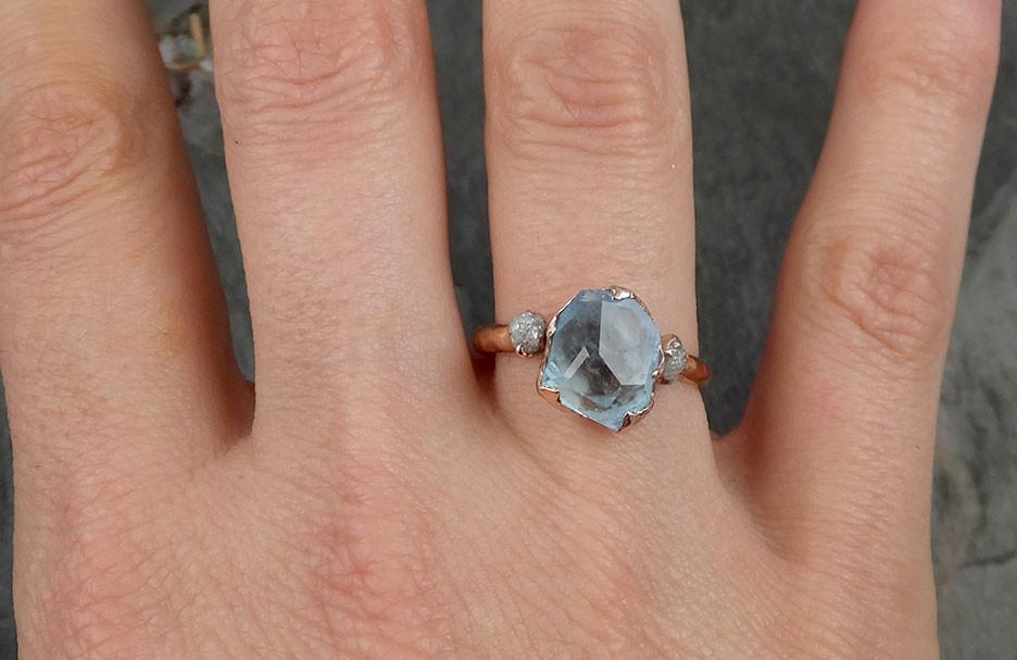 Raw Rough and partially Faceted Aquamarine Diamond 14k rose Gold Multi stone Ring One Of a Kind Gemstone Ring Recycled gold 0496 - by Angeline