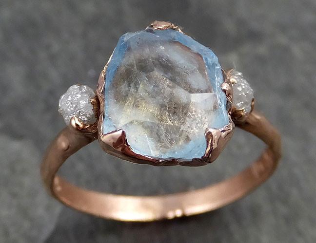Raw Rough and partially Faceted Aquamarine Diamond 14k rose Gold Multi stone Ring One Of a Kind Gemstone Ring Recycled gold 0496 - by Angeline