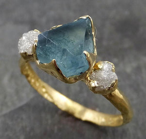 Raw Rough and partially Faceted Aquamarine Diamond 14k yellow Gold Multi stone Ring One Of a Kind Gemstone Ring Recycled gold 0498 - by Angeline