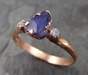 Partially faceted Raw Sapphire Diamond 14k rose Gold Engagement Ring Wedding Ring One Of a Kind Violet Gemstone Ring Multi stone Ring 0499 - by Angeline